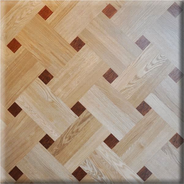 Professional craftsman installing herringbone parquet flooring in modern living room